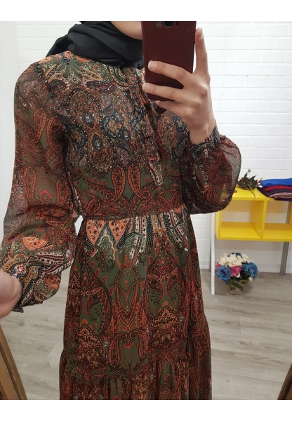 Parça Kumaş Astarlı Şifon Elbise -Haki