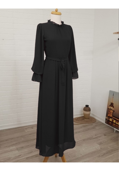Yaka Ve Kol Fırfırlı Astarlı Elbise  -Siyah