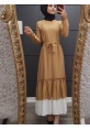 Eteği Fırfırlı Kemerli Elbise -Vizon