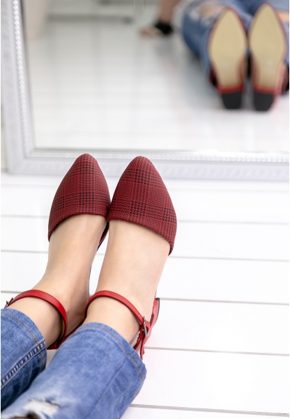 Macaria Kırmızı Cilt Ekose Topuklu Ayakkabı 