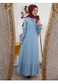 Eteği Fırfırlı Kolu Nakış İşlemeli Kot Elbise -Açık Mavi