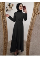 Etek Ucu Fırıfırlı Kruvaze Yaka Elbise  -Siyah