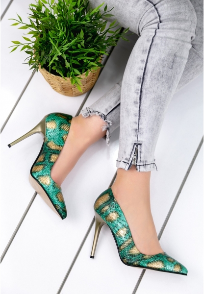 Skpe Yeşil Yılan Desenli Stiletto Ayakkabı