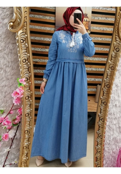 Nakış Detaylı Kot Elbise -Mavi