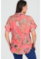 Büyük Beden Pembe Çiçek Desen Kısa Kol Gömlek