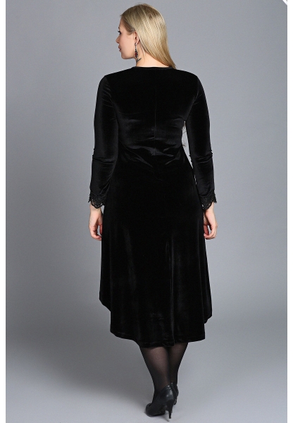 Büyük Beden Siyah Güpürlü Kadife Elbise