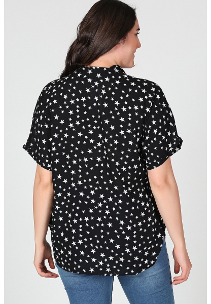 Büyük Beden Siyah Yıldız Desenli Kısa Kol Gömlek