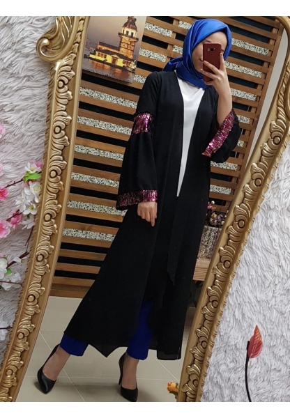 Pulpayetli Crep Abaya -Siyah