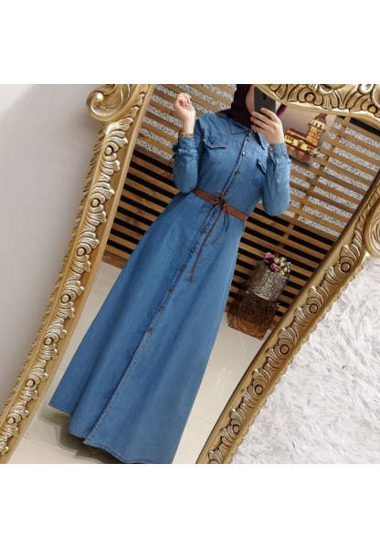 Boydan Düğmeli Kemerli Kot Elbise -Mavi