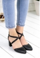 Momex Siyah Cilt Çapraz Bağlı Topuklu Ayakkabı