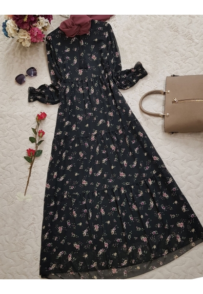 Astarlı Çiçekli Elbise -Siyah