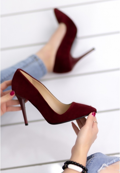 Skpem Bordo Süet Stiletto Ayakkabı