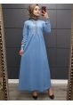 Nakış İşlemeli Kot  Elbise -Mavi