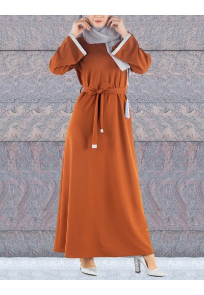 Kolu Sim Detaylı  Belden Bağlamalı Elbise -Kiremit