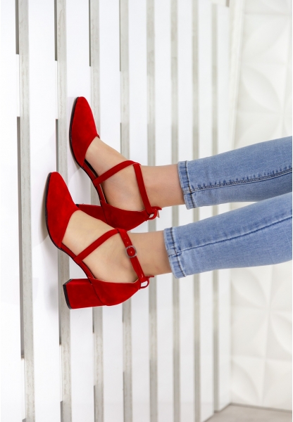 Momex Kırmızı Süet Çapraz Bağlı Topuklu Ayakkabı