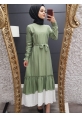Eteği Fırfırlı Kemerli Elbise -Yeşil