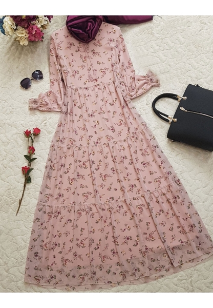 Astarlı Çiçekli Elbise -Pembe