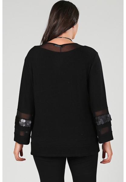 Büyük Beden Siyah Kolu Pullu Eteği Şerit Bluz