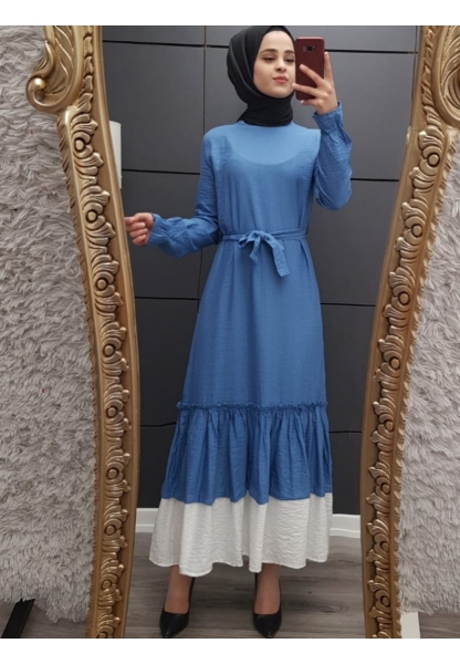 Eteği Fırfırlı Kemerli Elbise -İndigo