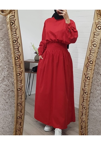 Belden Lastikli Elbise -Kırmızı