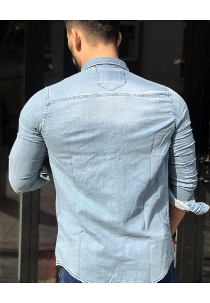 Yıkamalı Likralı Slim Fit Ekoseli Erkek Kot Gömlek