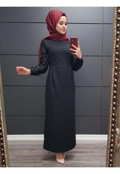 Kolları Payet Süslemeli Elbise  -Siyah
