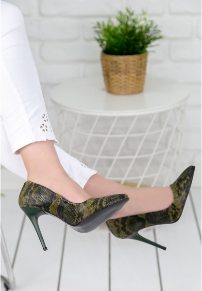 Skpe Haki Yeşil Yılan Desenli Stiletto Ayakkabı 