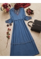 Önü Nakışlı Parça Kumaş Kot Elbise -Mavi
