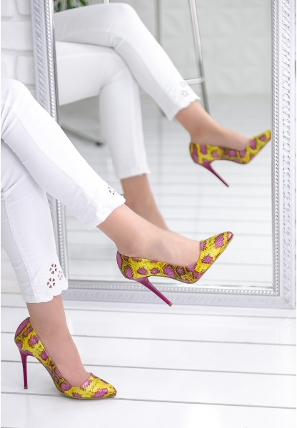Skpe Sarı Yılan Desenli Stiletto Ayakkabı