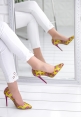 Skpe Sarı Yılan Desenli Stiletto Ayakkabı