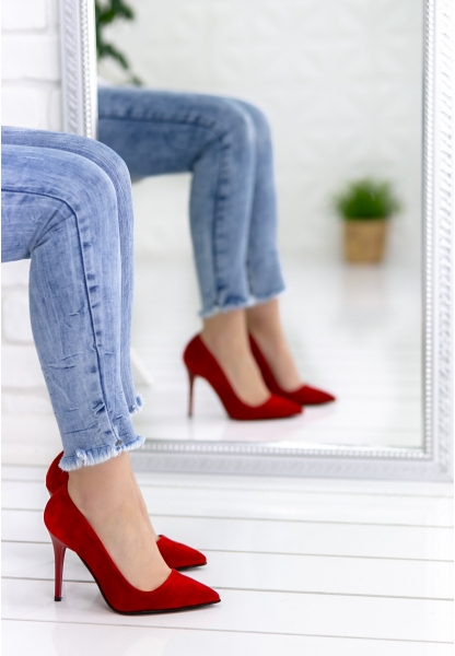Skpem Kırmızı Süet Stiletto Ayakkabı