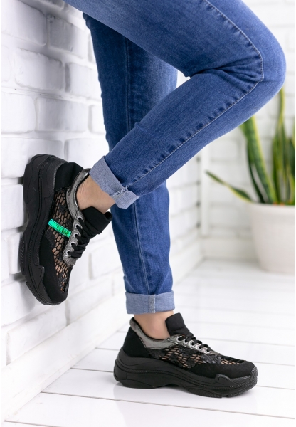 Polimia Siyah Cilt Yeşil Hologram Detaylı Spor Ayakkabı 