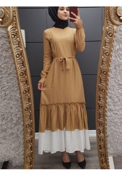 Eteği Fırfırlı Kemerli Elbise -Vizon