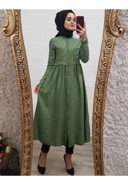 İki Cepli Boydan Ahşap Düğmeli Tunik Elbise -Yeşil