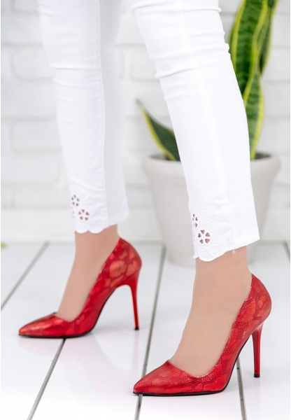 Skpe Kırmızı Desenli Stiletto Ayakkabı 