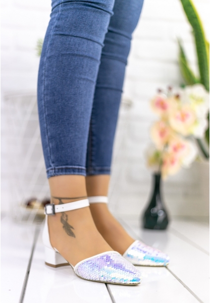 Gisella Beyaz Cilt Payetli Topuklu Ayakkabı 