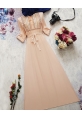 Nakış İşlemeli Belden Bağlamalı Elbise -Somon