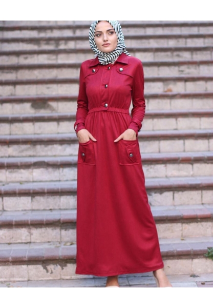 Mira Kumaş Cepli Elbise -Kırmızı