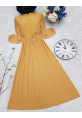 Boydan Düğmeli Belden Sıkmalı Elbise -Hardal