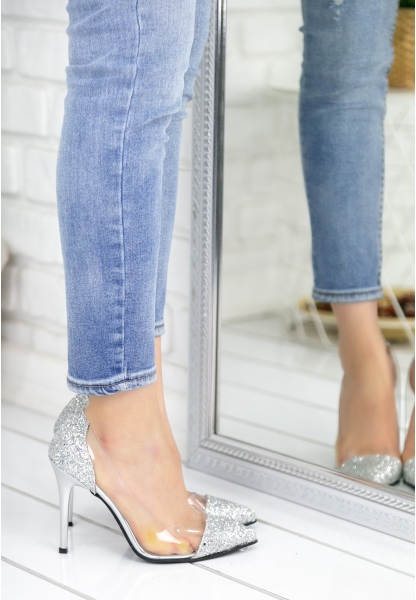 Miya Gümüş Simli Şeffaf Stiletto Ayakkabı